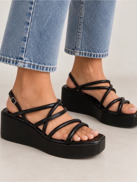 Shoes - Black Y2K Strappy Platform Wedge Sandals